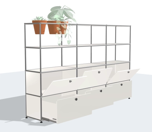 Regał USM Haller Pure White 225 cm z szufladami i drzwiami opadającymi, chromowany stelaż, donice z terakoty