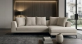 Sofa Maxalto Lucrezia Soft z szezlongiem w tkaninie Lou Hazelnut, z pięcioma poduszkami oparcia w aranżacji